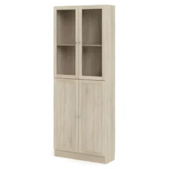 Base Étagère 2 Portes Vitrées Et 2 Portes, Finition Chêne Structuré.