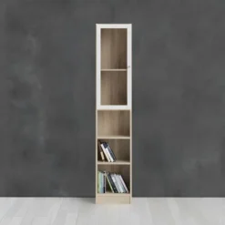 Base Étagère 1 Porte Vitrée Et 2 Tablettes De Rangement, Finition Chêne Structuré, Blanc. -Pas Cher Mobiliora Magasin bibliotheque 22083721