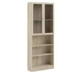 Base Étagère 2 Portes Vitrées Et 2 Tablettes De Rangement, Finition Chêne Structuré. -Pas Cher Mobiliora Magasin bibliotheque 22083883