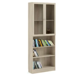 Base Étagère 2 Portes Vitrées Et 2 Tablettes De Rangement, Finition Chêne Structuré. -Pas Cher Mobiliora Magasin bibliotheque 22083889