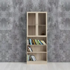 Base Étagère 2 Portes Vitrées Et 2 Tablettes De Rangement, Finition Chêne Structuré. -Pas Cher Mobiliora Magasin bibliotheque 22083891