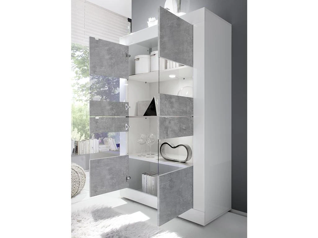 Vitrine COMETE - LEDs - 4 Portes - Blanc Laqué & Béton 6 Vitrine COMETE - LEDs - 4 Portes - Blanc Laqué & Béton – Image 4