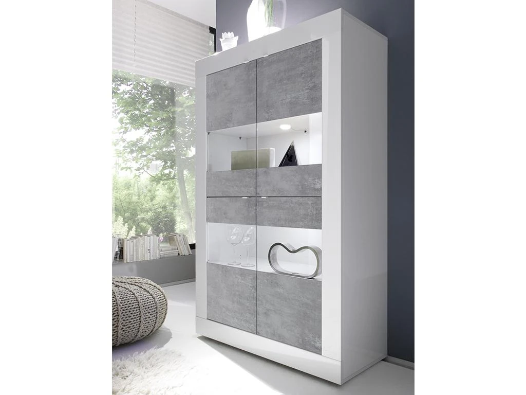 Vitrine COMETE - LEDs - 4 Portes - Blanc Laqué & Béton 5 Vitrine COMETE - LEDs - 4 Portes - Blanc Laqué & Béton – Image 3