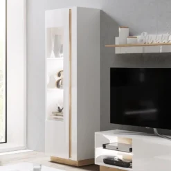 Vitrine MURARI - 1 Porte - Avec LEDs - Blanc Brillant Et Chêne -Pas Cher Mobiliora Magasin bibliotheque 461089