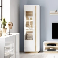 Vitrine MURARI - 1 Porte - Avec LEDs - Blanc Brillant Et ChĂȘne