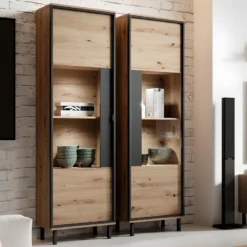 Vitrine BAYORI - 1 Porte - Avec LEDs - Chêne Et Anthracite -Pas Cher Mobiliora Magasin bibliotheque 483691