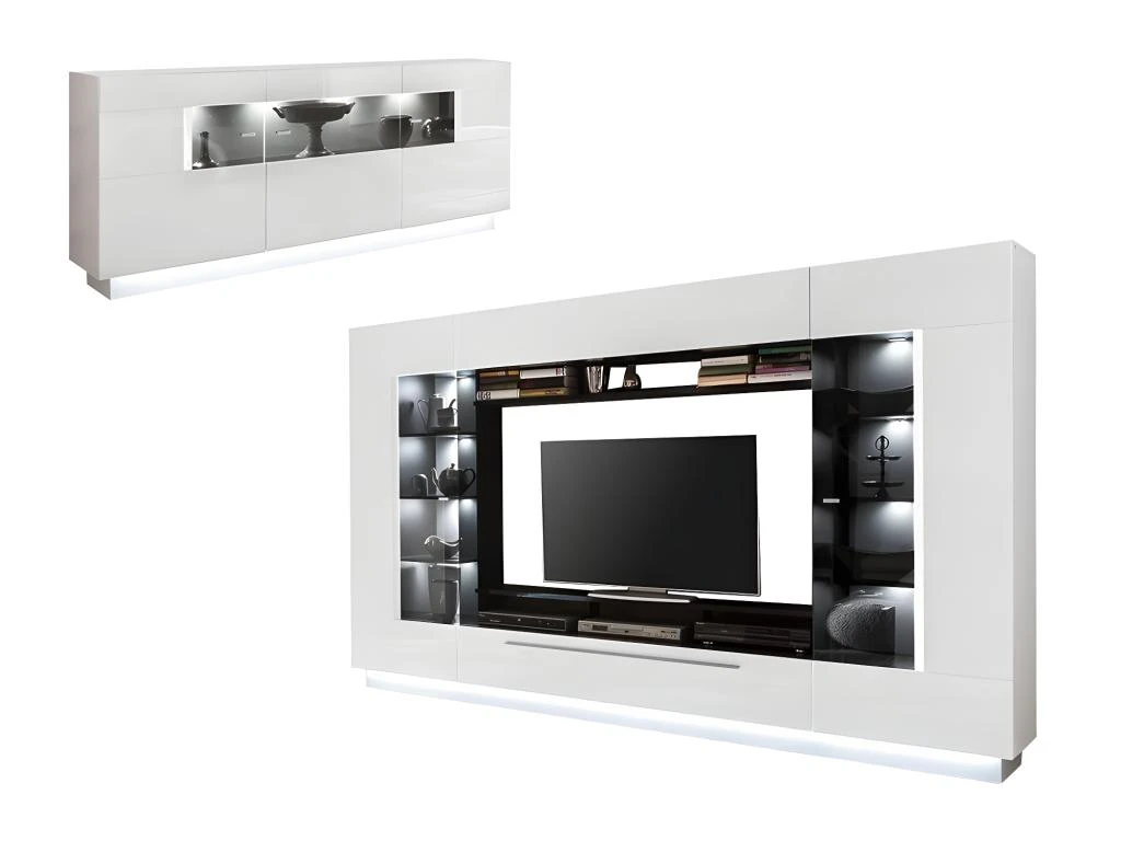 Ensemble Mur TV + Buffet - MDF - Blanc - Séjour Lumineux BLAKE 3 Ensemble Mur TV + Buffet - MDF - Blanc - Séjour Lumineux BLAKE