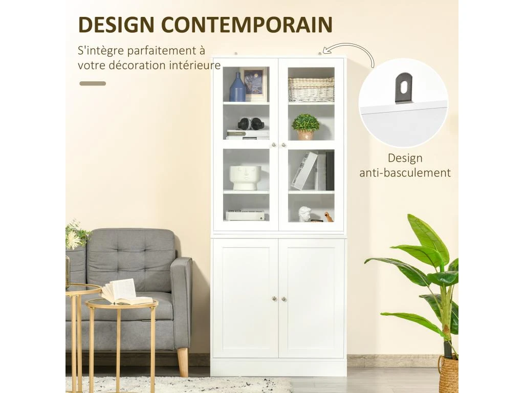 HOMCOM Bibliothèque Vitrine Multi-rangement - 2 Portes Verre, 2 Portes Bois, 4 étagères Réglables - MDF Blanc 6 HOMCOM Bibliothèque Vitrine Multi-rangement - 2 Portes Verre, 2 Portes Bois, 4 étagères Réglables - MDF Blanc – Image 4