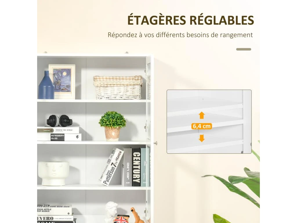 HOMCOM Bibliothèque Vitrine Multi-rangement - 2 Portes Verre, 2 Portes Bois, 4 étagères Réglables - MDF Blanc 7 HOMCOM Bibliothèque Vitrine Multi-rangement - 2 Portes Verre, 2 Portes Bois, 4 étagères Réglables - MDF Blanc – Image 5