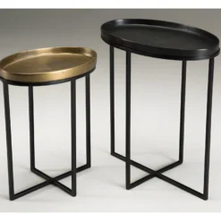 JONAS - Set De 2 Tables D'appoint Ovales Aluminium Doré Et Noir - Pieds Métal Noir -Pas Cher Mobiliora Magasin console 14653199
