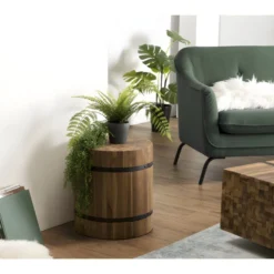 SUZY - Table D'appoint Bois Ronde 40x40cm Teck Recyclé Cerclée Métal Noir