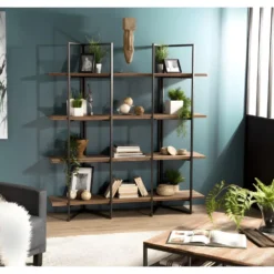 ALIDA - Étagère Marron 4 Niveaux Teck Recyclé Acacia Mahogany Et Métal Noir