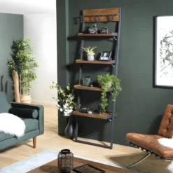 ALIDA - Étagère Murale Plateaux Marron 4 Niveaux Teck Recyclé Structure Métal Noir