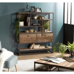 ALIDA - Étagère Marron 2 Tiroirs Et 7 Niches Teck Recyclé Acacia Mahogany Recyclé Et Métal Noir