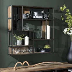 ALIDA - Étagère Murale Carrée Marron 80x80cm 4 Niveaux 3 Niches Bois Mahogany Structure Métal Noir -Pas Cher Mobiliora Magasin etagere 14653059