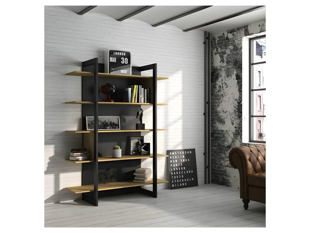 Bibliothèque Ouverte 5 étagères Bois/Noir - THEAU 3 Bibliothèque Ouverte 5 étagères Bois/Noir - THEAU