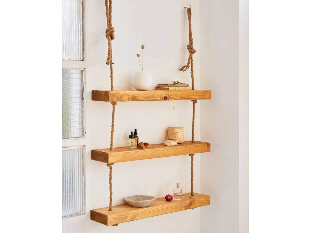 Etagère Suspendue En Bois De Couleur Marron Clair à 3 étages 70 Cm 6 Etagère Suspendue En Bois De Couleur Marron Clair à 3 étages 70 Cm – Image 4
