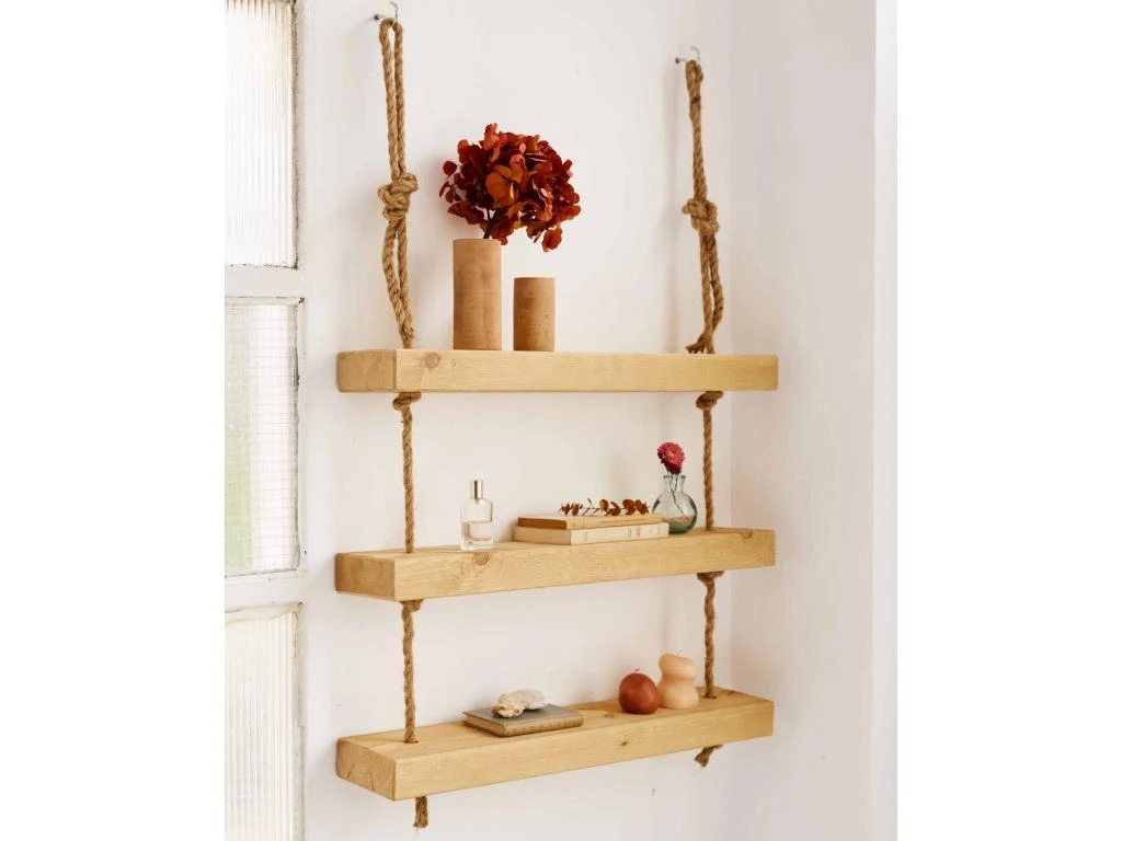 Etagère Suspendue En Bois Massif De Couleur Naturelle à 3 étages 70 Cm 5 Etagère Suspendue En Bois Massif De Couleur Naturelle à 3 étages 70 Cm – Image 3