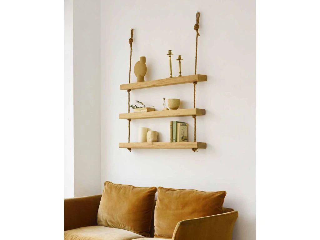 Etagère Suspendue En Bois Massif De Couleur Naturelle à 3 étages 70 Cm 6 Etagère Suspendue En Bois Massif De Couleur Naturelle à 3 étages 70 Cm – Image 4