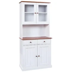 SOCOA - Buffet Vaisselier 4 Portes 2 Tiroirs Bois Massif Vernis Sepia Et Blanc