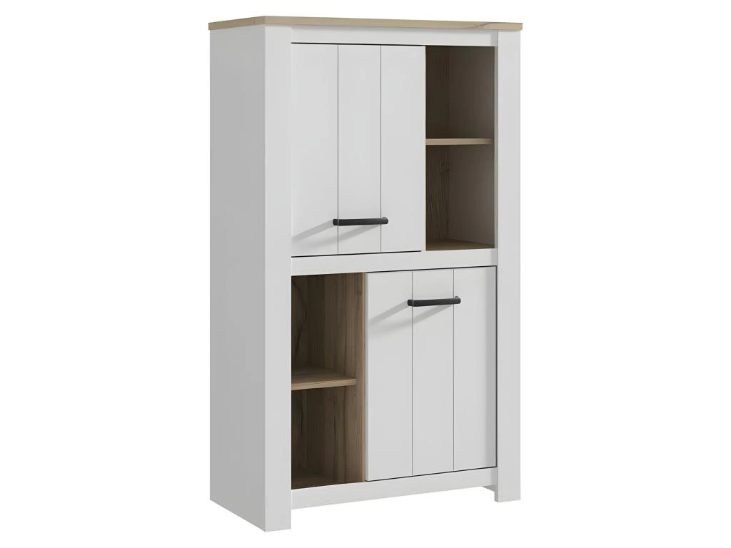 Vaisselier 2 Portes 4 Niches Blanc Mat Décor Bois Poignées Noir - LEANE 3 Vaisselier 2 Portes 4 Niches Blanc Mat Décor Bois Poignées Noir - LEANE