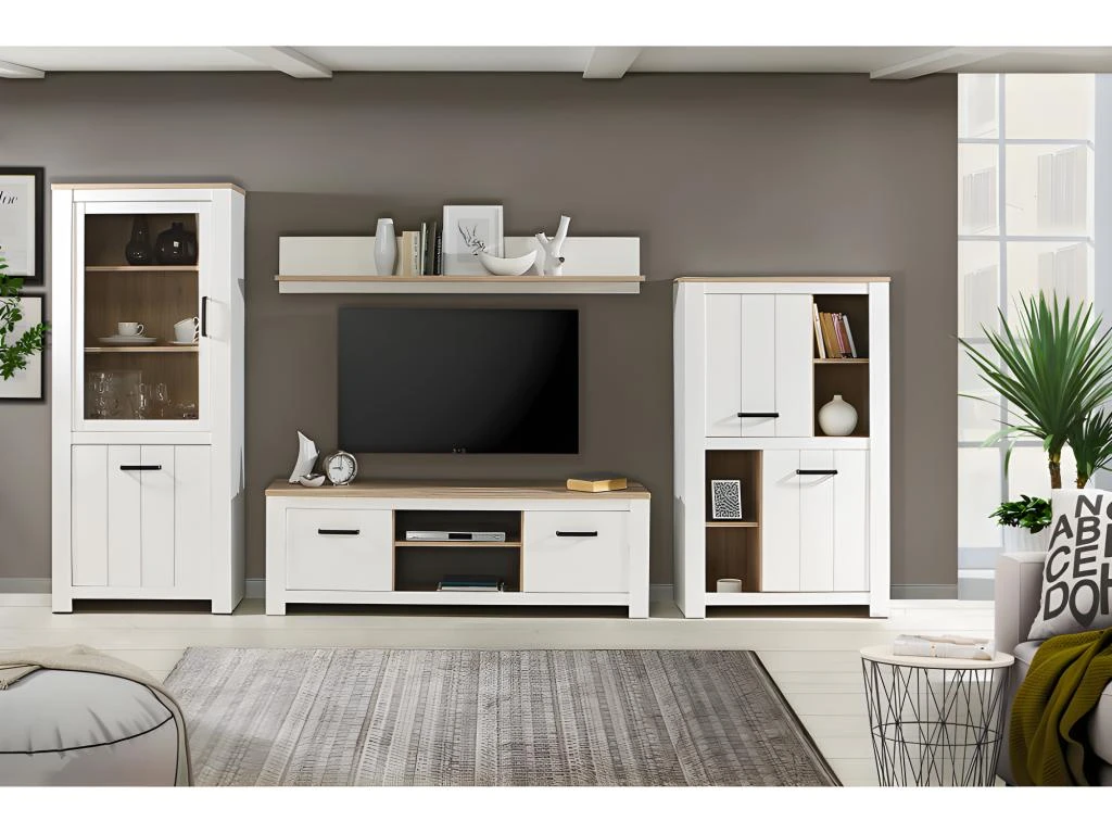 Vaisselier 2 Portes 4 Niches Blanc Mat Décor Bois Poignées Noir - LEANE 4 Vaisselier 2 Portes 4 Niches Blanc Mat Décor Bois Poignées Noir - LEANE – Image 2