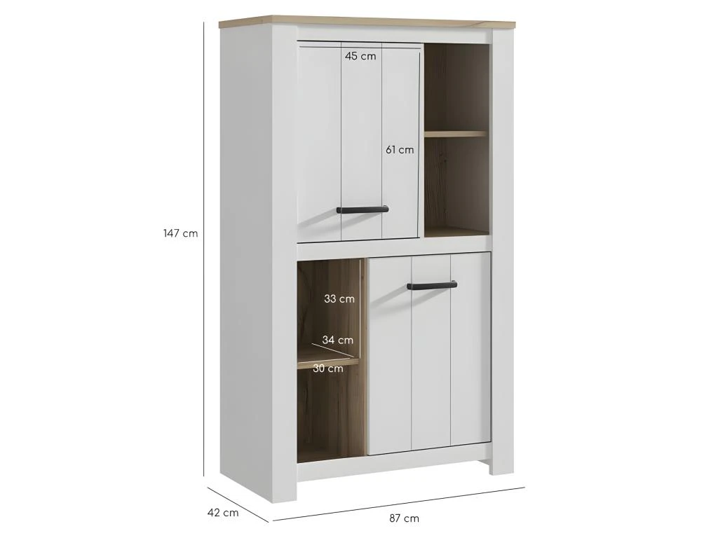 Vaisselier 2 Portes 4 Niches Blanc Mat Décor Bois Poignées Noir - LEANE 6 Vaisselier 2 Portes 4 Niches Blanc Mat Décor Bois Poignées Noir - LEANE – Image 4