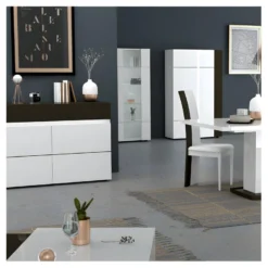 Vaisselier 2 Portes Gris/Blanc Brillant - WATOM -Pas Cher Mobiliora Magasin meuble de cuisine 17634515