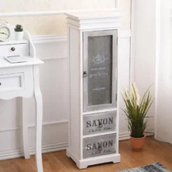Vaisselier Armoire Bois 1 Porte 2 Tiroirs Blanc Gris 102x32x27 -Pas Cher Mobiliora Magasin meuble de cuisine 18431331