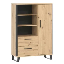Vaisselier 1 Porte Battante 2 Tiroirs Chêne/Métal - SEATTLE - L 90 X L 40 X H 135 Cm -Pas Cher Mobiliora Magasin meuble de cuisine 19735555