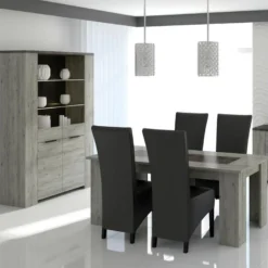 Vaisselier 2 Portes Vitrées Bois Gris/Béton - RIUCKO - L 130 X L 52 X H 190 Cm -Pas Cher Mobiliora Magasin meuble de cuisine 19735561