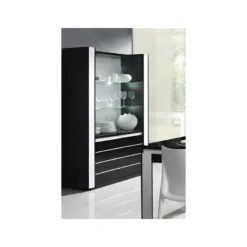 Vitrine Argentier Vaisselier LINA + LED Coloris Noir Et Blanc Brillant. Meuble Design Pour Votre Salon Ou Salle Ă Manger