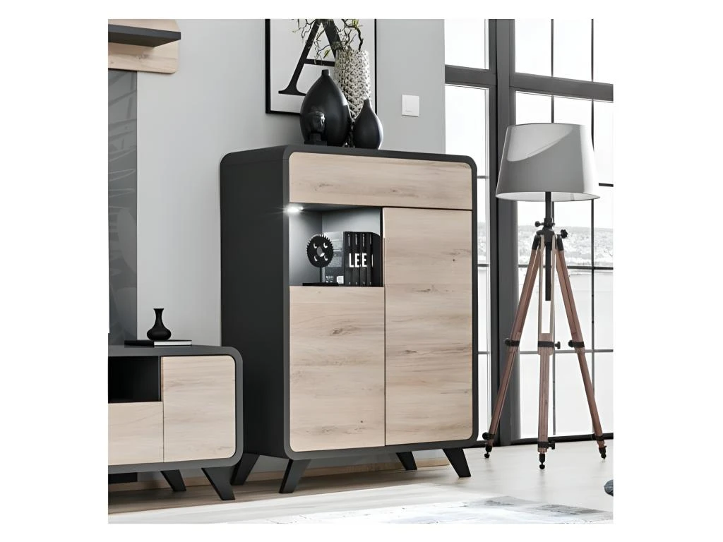 Vaisselier Modèle Bas Avec LED Intégrées Collection OASIS. Coloris Gris Anthracite Et Bois. 5 Vaisselier Modèle Bas Avec LED Intégrées Collection OASIS. Coloris Gris Anthracite Et Bois. – Image 3
