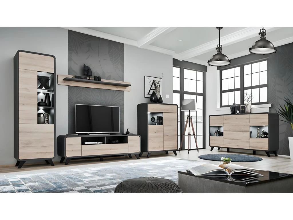 Vaisselier Modèle Bas Avec LED Intégrées Collection OASIS. Coloris Gris Anthracite Et Bois. 6 Vaisselier Modèle Bas Avec LED Intégrées Collection OASIS. Coloris Gris Anthracite Et Bois. – Image 4