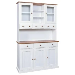 SOCOA - Buffet Vaisselier 5 Portes 6 Tiroirs Bois Massif Vernis Sepia Et Blanc