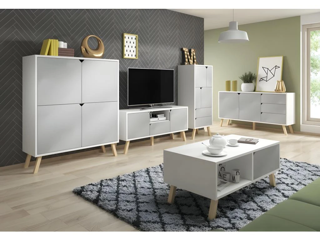 Vaisselier Design AOMORI 2 Tiroirs, 4 Portes, Coloris Blanc Et Gris Mat 3 Vaisselier Design AOMORI 2 Tiroirs, 4 Portes, Coloris Blanc Et Gris Mat â Image 2