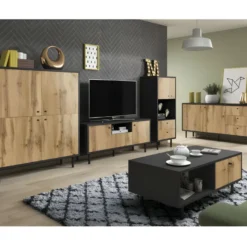 Vaisselier Industriel SPEBO 2 Tiroirs, 2 Portes Et 1 Niche, Coloris Noir Mat Et Chêne Wotan -Pas Cher Mobiliora Magasin meuble de cuisine 9544295