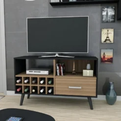 Meuble TV Bar 50 Pouces Range-Bouteilles Noir Châtaignier 12 Niches -Pas Cher Mobiliora Magasin meuble tv 10000353