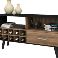 Meuble TV Bar 50 Pouces Range-Bouteilles Noir Châtaignier 12 Niches -Pas Cher Mobiliora Magasin meuble tv 10000355