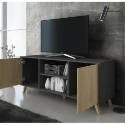 Meuble TV 140 Avec 2 Portes, WIND, Gris Anthracite, Portes Puccini, 140x40x57cm -Pas Cher Mobiliora Magasin meuble tv 10000373