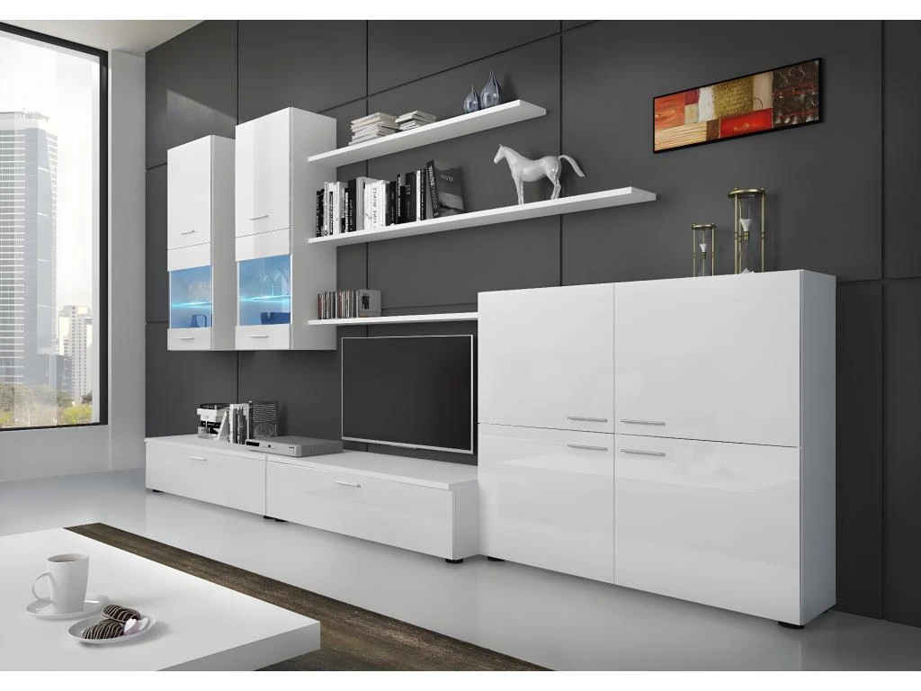 Ensemble De Meubles, Meuble TV, Ilumin. LED, Blanc Laque/Blanc Mate,300x189x42cm 4 Ensemble De Meubles, Meuble TV, Ilumin. LED, Blanc Laque/Blanc Mate,300x189x42cm â Image 2