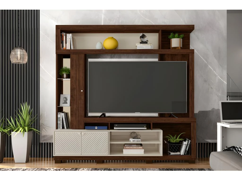 Meuble TV Mural 65 Pouces Wengé Et Ecru 4 Meuble TV Mural 65 Pouces Wengé Et Ecru – Image 2