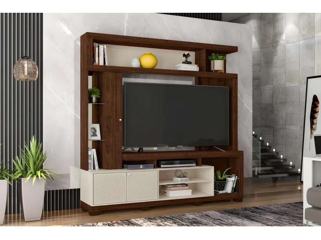 Meuble TV Mural 65 Pouces Wengé Et Ecru 5 Meuble TV Mural 65 Pouces Wengé Et Ecru – Image 3