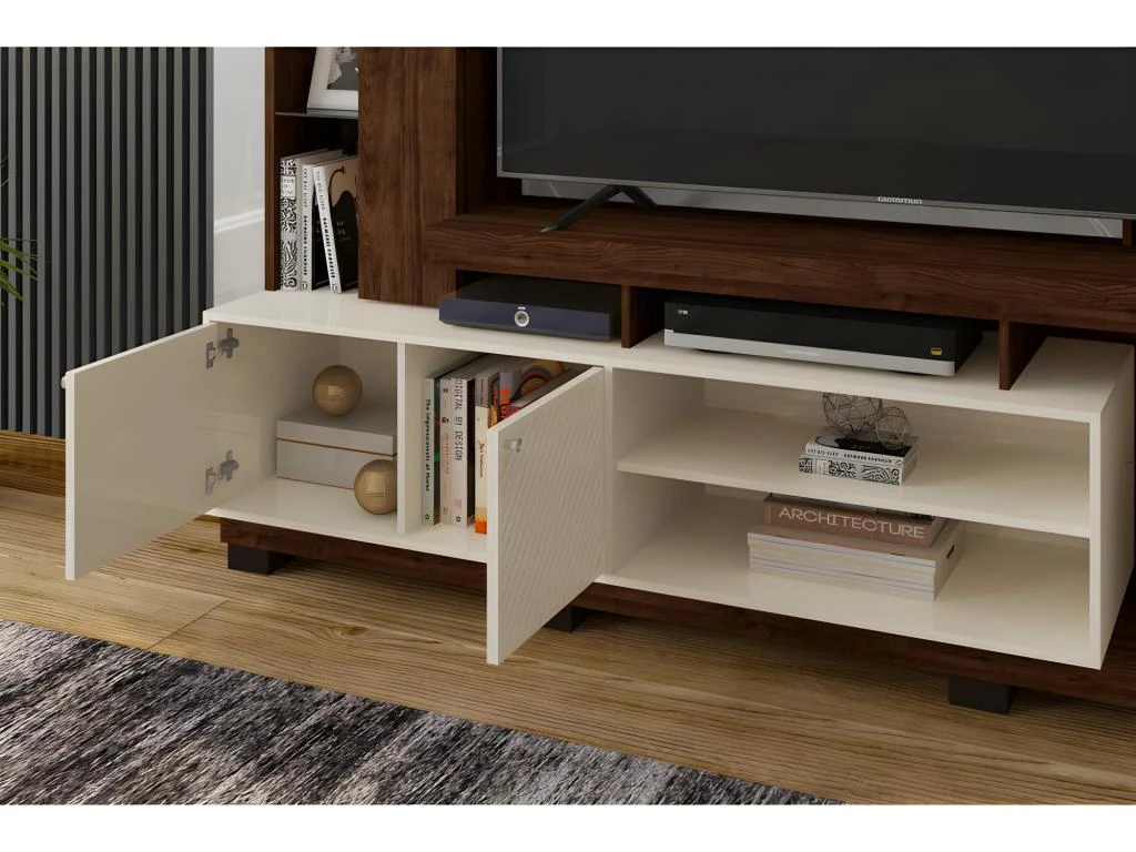 Meuble TV Mural 65 Pouces Wengé Et Ecru 7 Meuble TV Mural 65 Pouces Wengé Et Ecru – Image 5