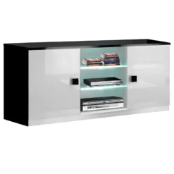 COLUMBUS - Meuble TV 2 Portes Laqué Brillant Noir Et Blanc