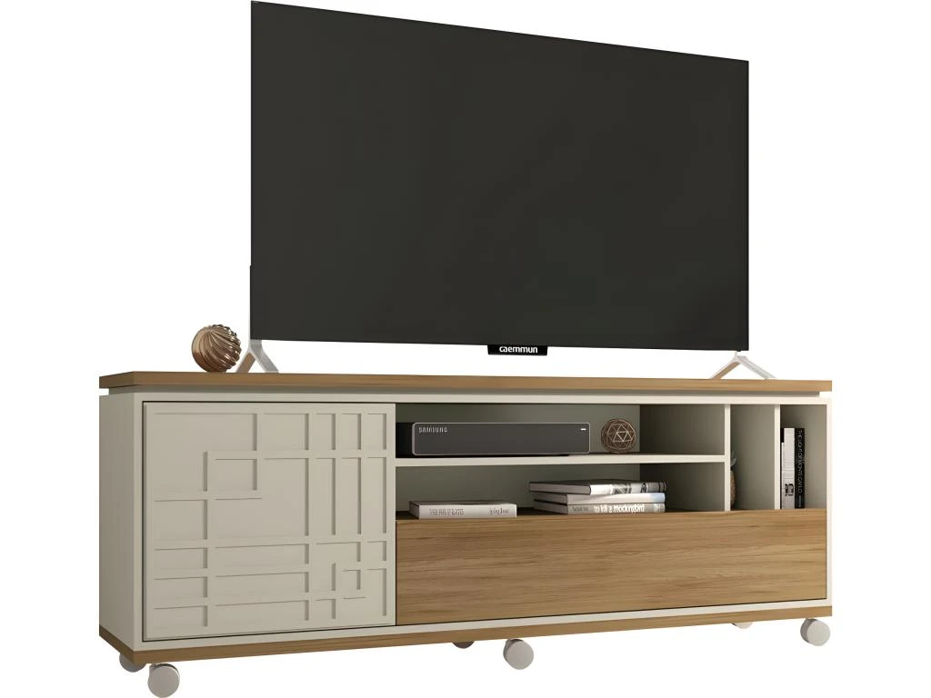 Meuble TV 65 Pouces 2 Portes Chêne Et Ecru 3 Meuble TV 65 Pouces 2 Portes Chêne Et Ecru