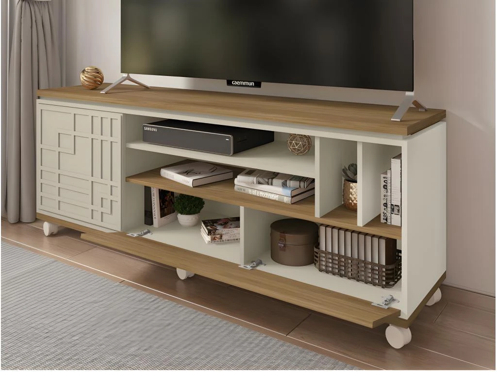 Meuble TV 65 Pouces 2 Portes Chêne Et Ecru 4 Meuble TV 65 Pouces 2 Portes Chêne Et Ecru – Image 2