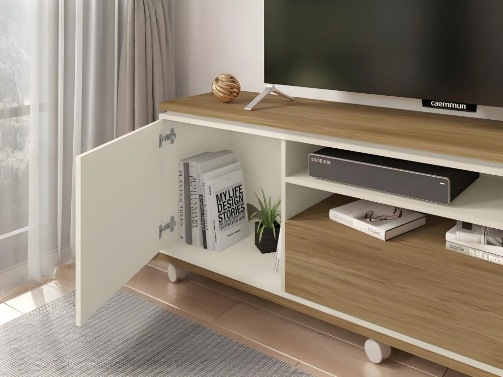 Meuble TV 65 Pouces 2 Portes Chêne Et Ecru 5 Meuble TV 65 Pouces 2 Portes Chêne Et Ecru – Image 3