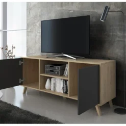 Meuble TV 140 Avec 2 Portes, WIND, Puccini, Portes Gris Anthracite, 140x40x57cm -Pas Cher Mobiliora Magasin meuble tv 10000837
