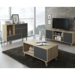Meuble TV 140 Avec 2 Portes, WIND, Puccini, Portes Gris Anthracite, 140x40x57cm -Pas Cher Mobiliora Magasin meuble tv 10000839